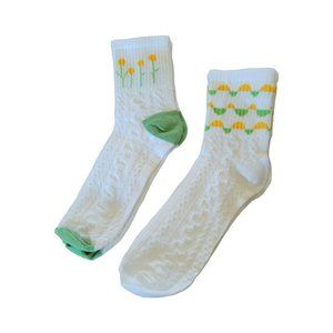 Womens Crew Socks 2 Pair Shoe Size 6-9 Yellow Green White Floral Teen C31a